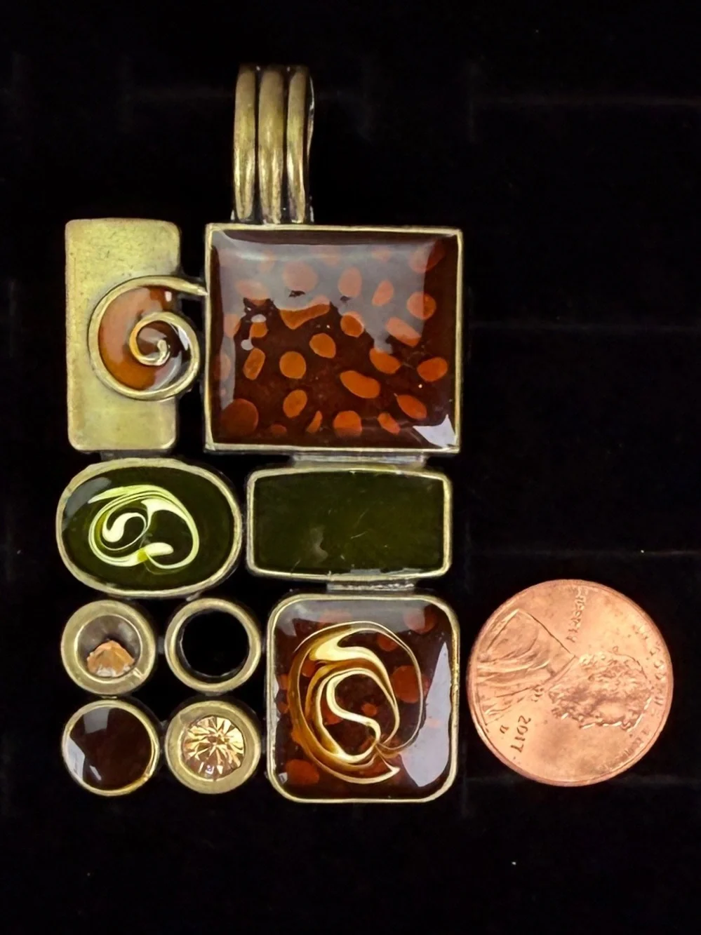 Vintage 3” rectangle brasstone magnetic pendant +16” cord necklace